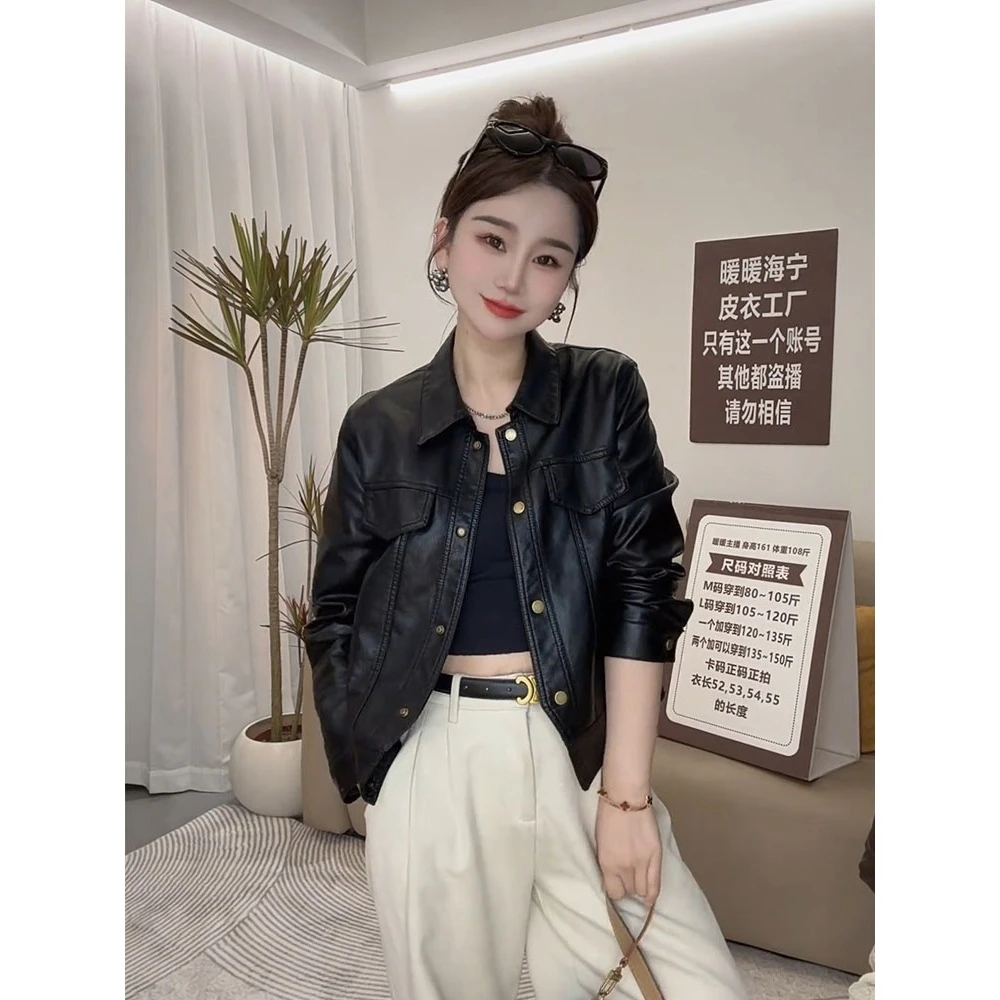 ins时尚朋克风休闲皮衣春秋韩版皮夹克秋季外套翻领复古港风短款