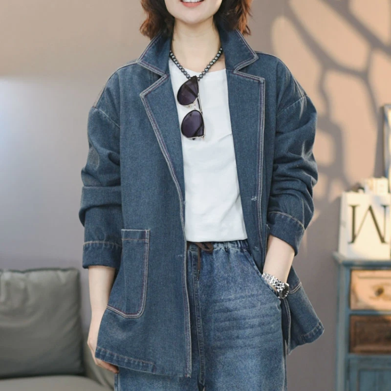 8780蓝#2025秋季新款潮流时尚百搭牛仔外套西装式上衣宽松大码