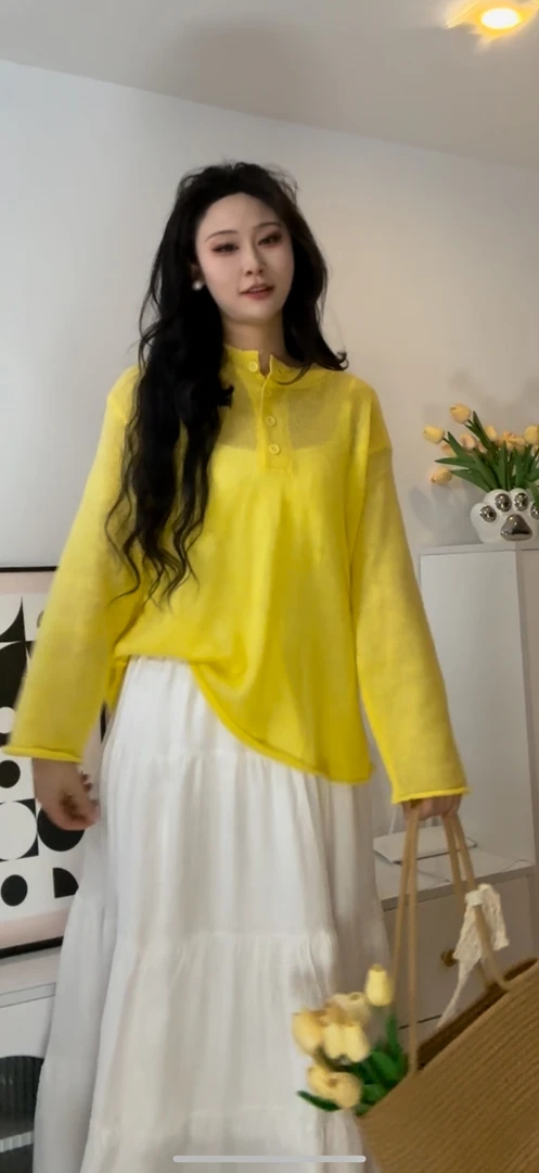 亨利领微透薄款针织衫女春卷边夏季长袖罩衫网红慵懒风上衣宽松