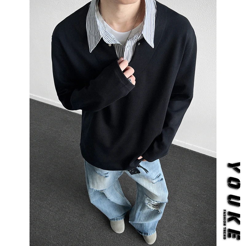 美式假两件衬衫领卫衣男款春秋拼接撞色长袖polo衫青少年痞帅外套