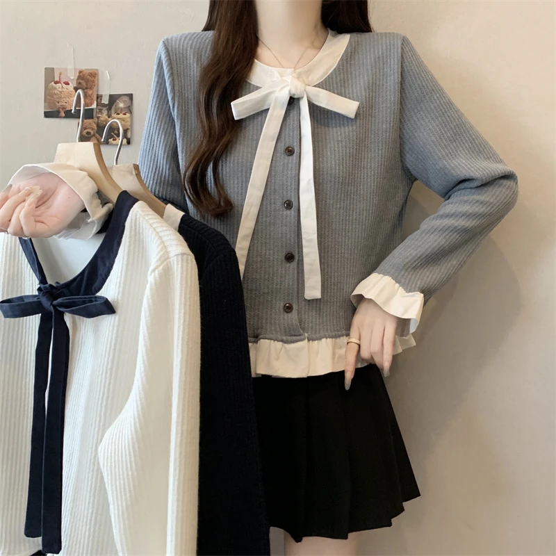 大码秋季新款法式荷叶边拼接蝴蝶结系带长袖百搭衬衫上衣气质