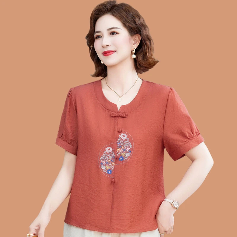 皮尔卡丹中年妈妈夏装仿棉麻小衫新中式国风上衣中老年女装夏季薄