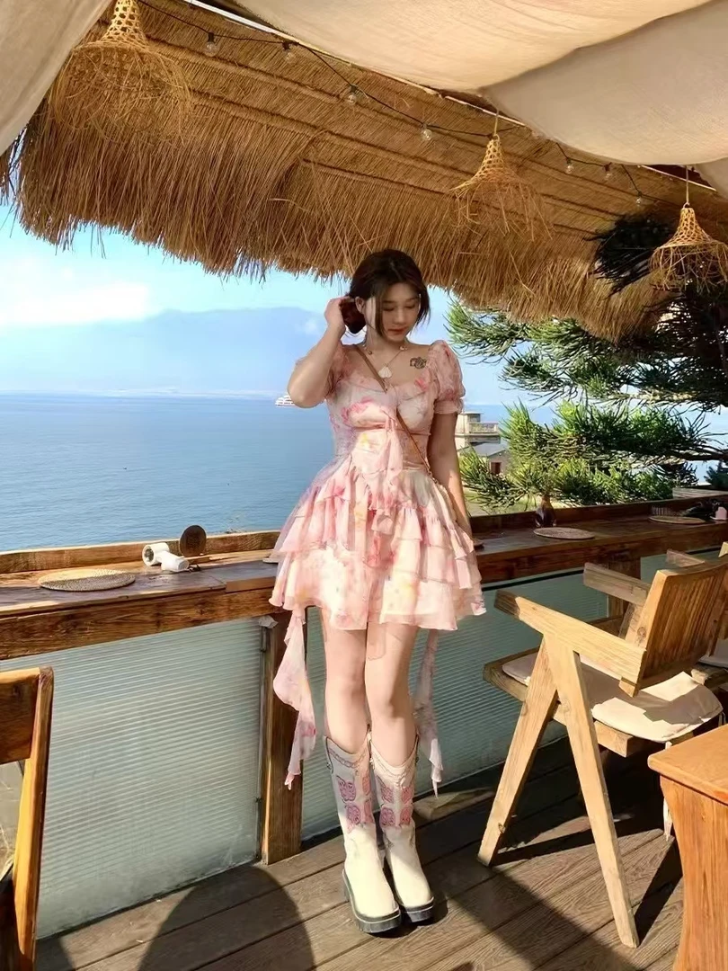 A字裙印花大码连衣裙四季通用裹胸拼接短裙常规法式短袖