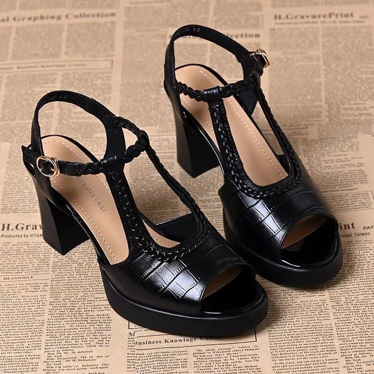 【撤柜牛皮1】高跟凉鞋石头纹后空夏季外穿软底气质高跟鞋露趾百搭