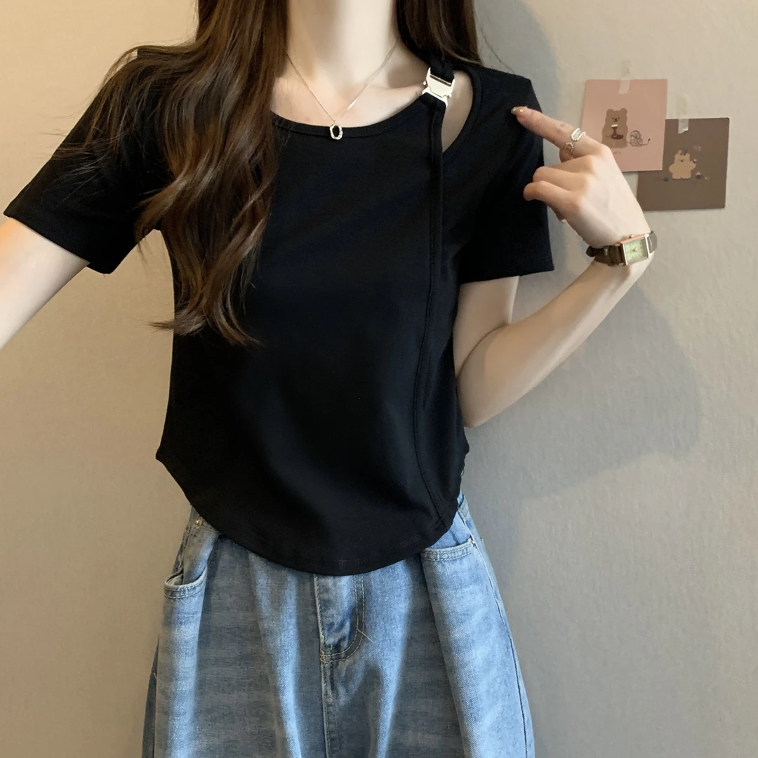 大码女装不规则遮肚子短袖T恤胖mm显瘦漏短袖女款女生韩系ins衣服