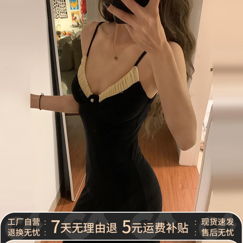 0774黑色v领拼接吊带连衣裙女夏季2025新款法式气质收腰显瘦长裙