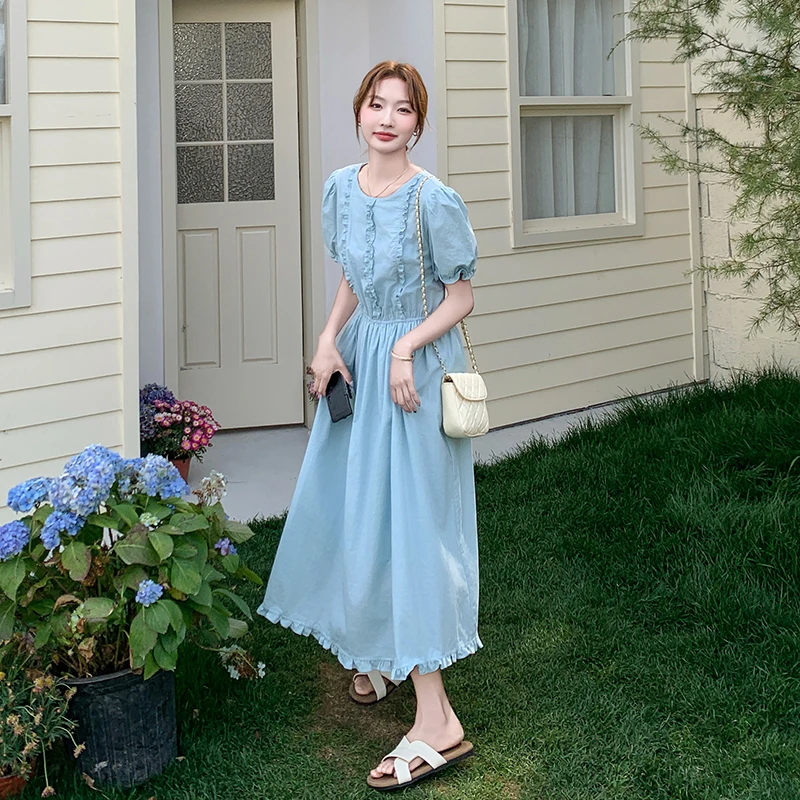 法式木耳边超好看收腰连衣裙女夏2025新款韩系气质泡泡袖桔梗长裙