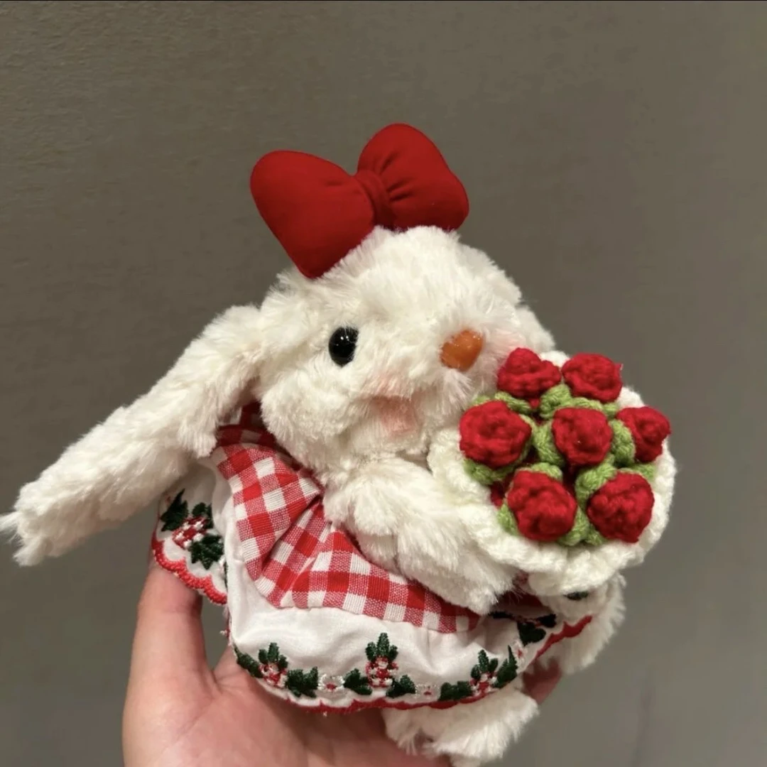 可爱垂耳兔抱钩针玫瑰花束小兔子包包挂件可爱车挂饰送女友礼物
