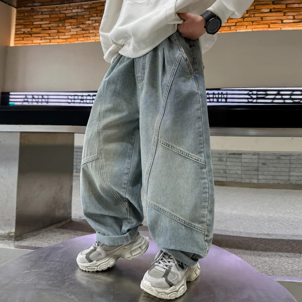 潮流春季新款男童纯色前片车线牛仔裤