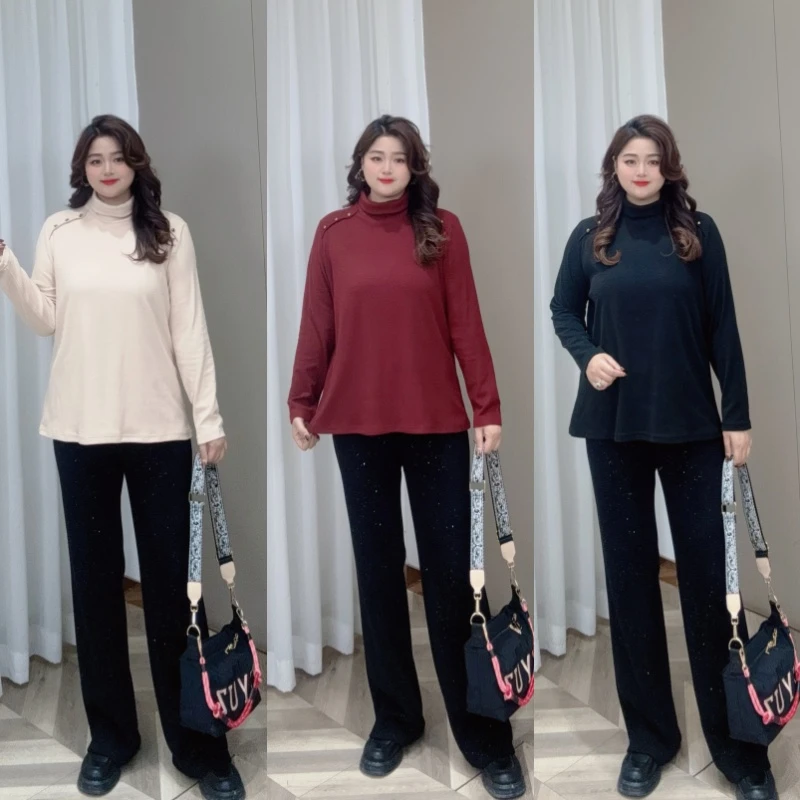 PWD32615 (现货仅上衣）冬季显瘦遮肉加绒气质打底大码女装【衣长71