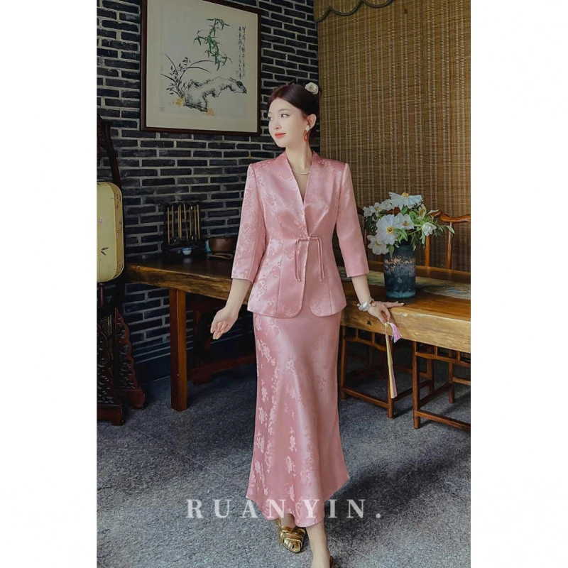 阮音新中式国风夏季高端醋酸提花时尚裙套装女收腰外套半裙两件套