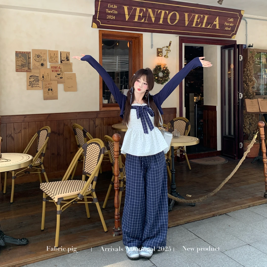 秋日来信 织物猪原创 甜美波点吊带上衣女藏青开衫肌理感格子长裤