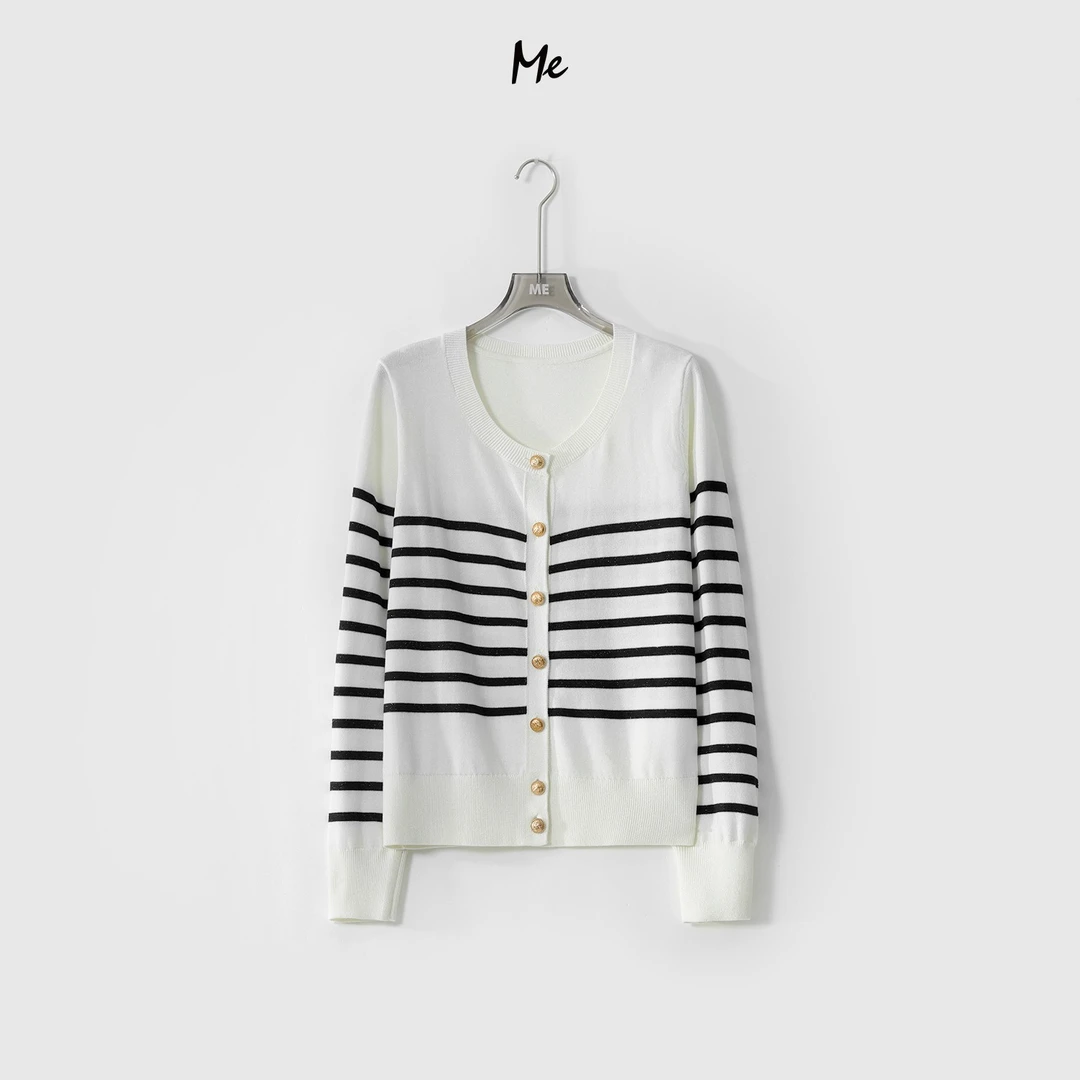 ME【银河条纹衫】绵羊毛混纺条纹针织上衣圆领金扣女装毛衣MEQA0061