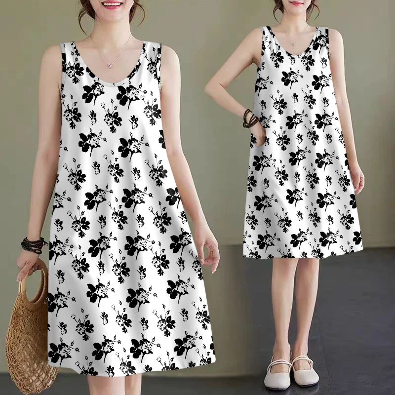 2025夏季新款宽松吊带a字裙遮肚显瘦无袖背心裙圆领印花连衣裙女