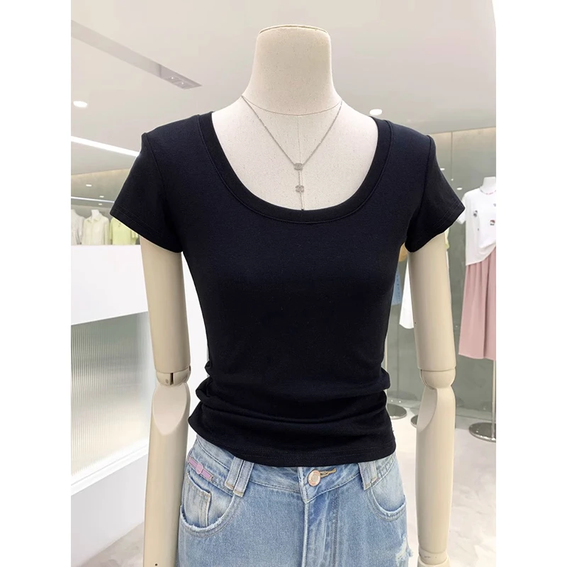 简约高级修身显瘦显身材大U领T恤上衣女装基础款百搭不挑人短袖衫