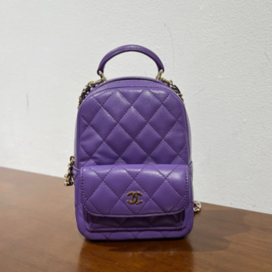 99新 Chanel/香奈儿 24C葡萄紫银扣荔枝牛小书包