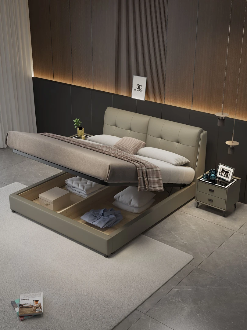 【国补专属】611#头层牛皮真皮高箱储物现代简约双人软包主卧床婚床