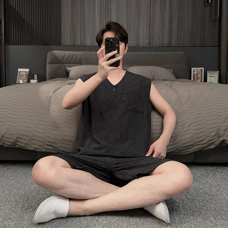 稻花男士夏季睡衣冰丝薄款高级感凉感无袖背心家居服夏天大码套装