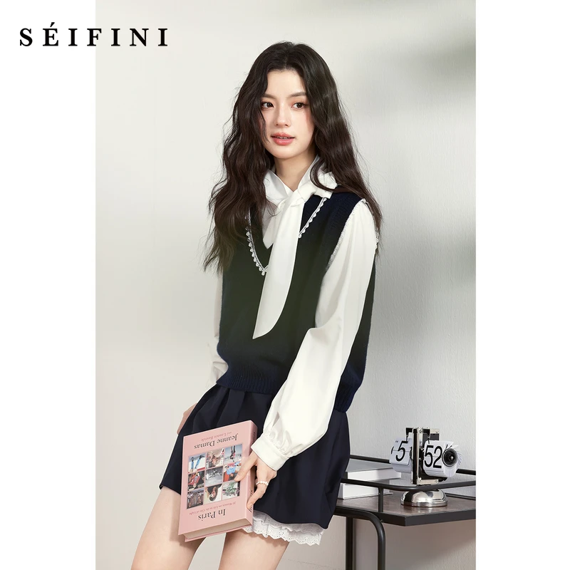 诗凡黎V领花边拼接针织马甲25春季新品灰色百搭叠穿上衣7G1130681