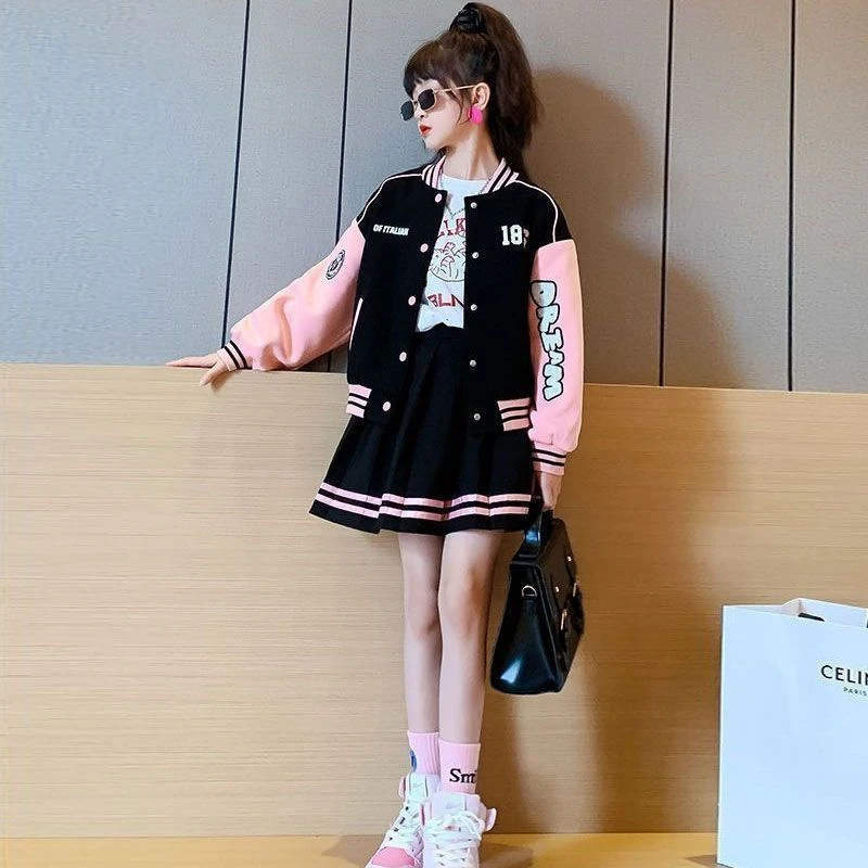 女童棒球服外套春秋2025新款洋气儿童春装女孩学院风jk百褶裙套装