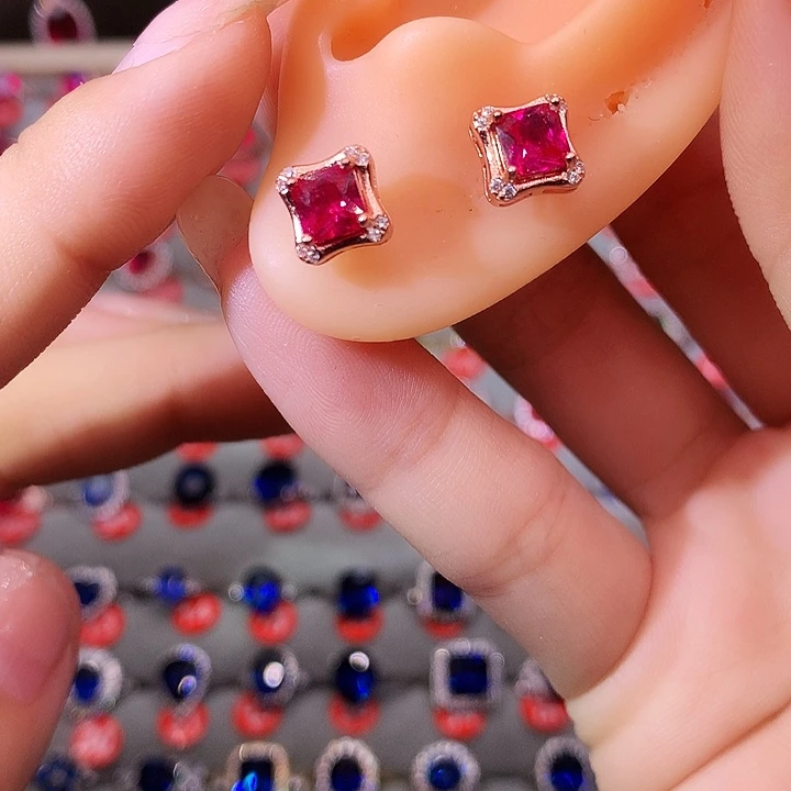 红宝石耳饰银S925镶嵌