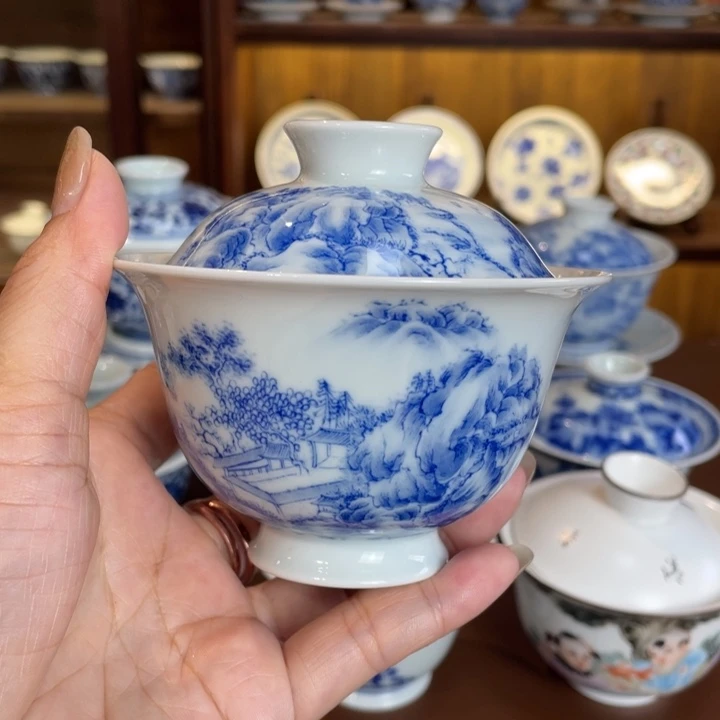 手工手绘山水盖碗