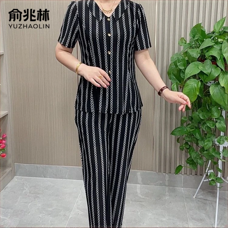 新潮复古条纹短袖宽松舒适中老年女士时尚套装两件套夏装裤子上衣