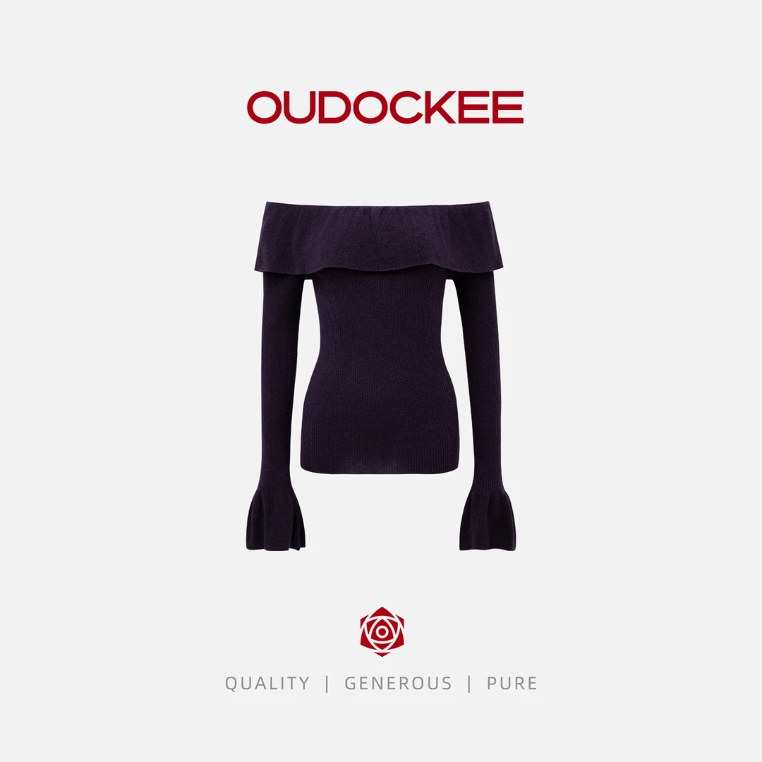 OUDOCKEE 鸥鸥【绵羊毛】紫色荷叶边一字肩针织时髦上衣 MACG685T