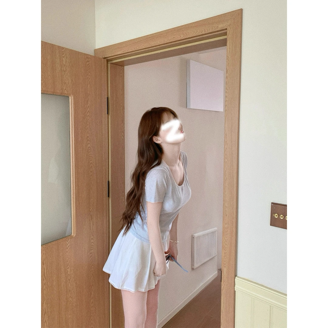 海盐汽水系列~白水清纯小t微透~斜肩大圆领条纹蝴蝶结短袖T恤