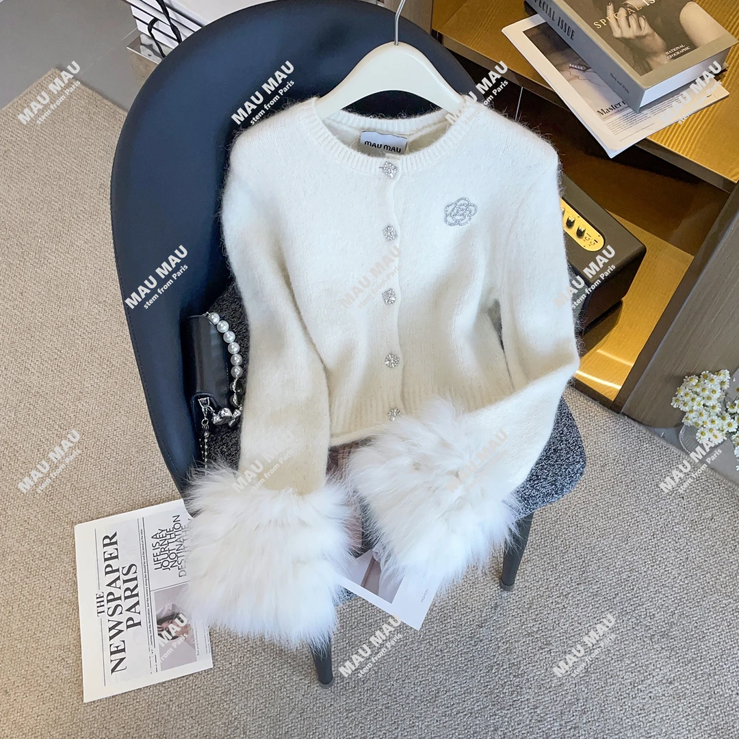 2025冬季高端女装新款时尚气质圆领拼接羽毛针织开衫外套DY9207