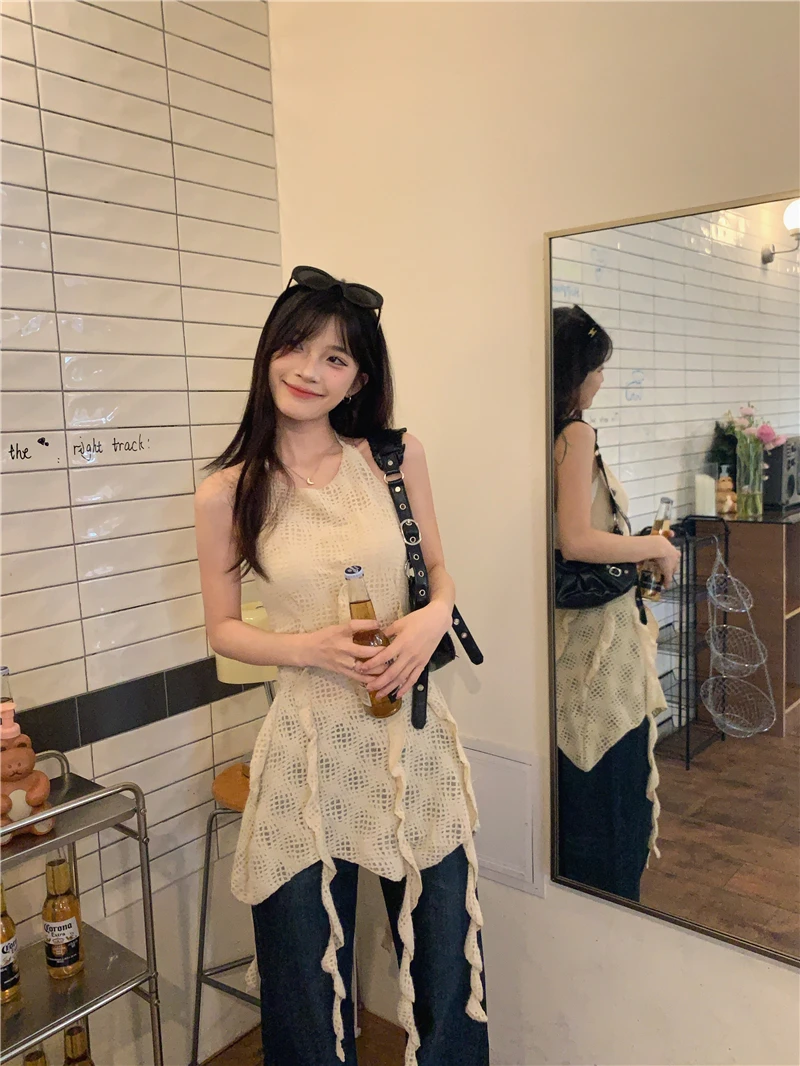 【NYPP】夏季新款设计感辣妹风荷叶边飘带吊带背心短连衣裙