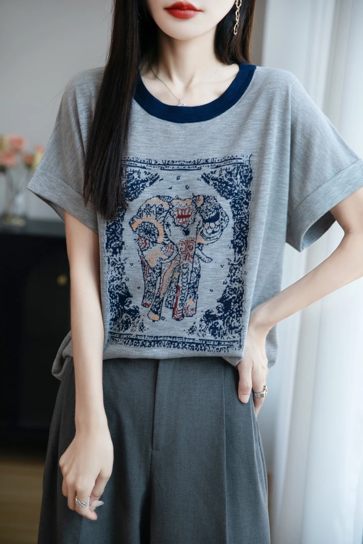 短袖休闲夏季上衣时尚毛针织衫日奢风拼色圆领不起球