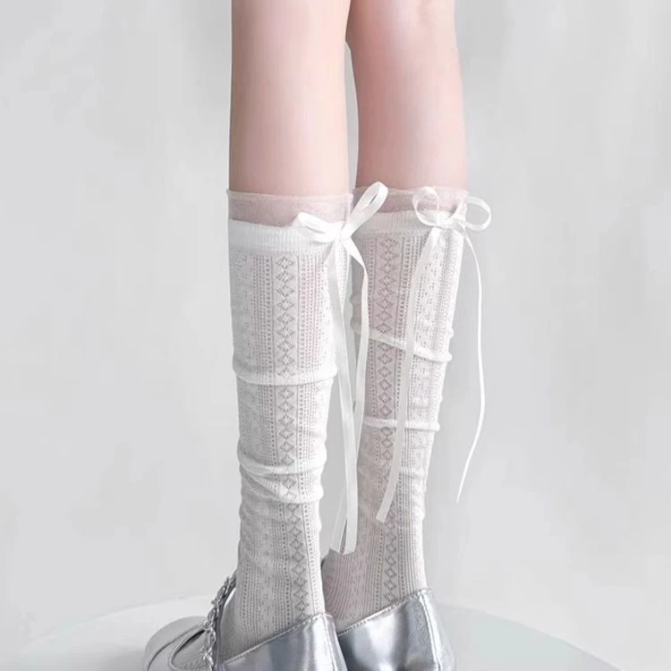 日系蝴蝶结飘带白色小腿袜甜美芭蕾风堆堆袜镂空蕾丝花边中HY|HY