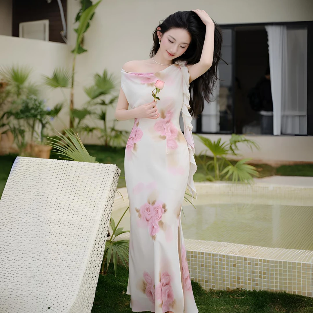 【玉夏冰瑰】温柔纯欲风荡领修身性感显瘦夏季海边度假连衣裙子1370