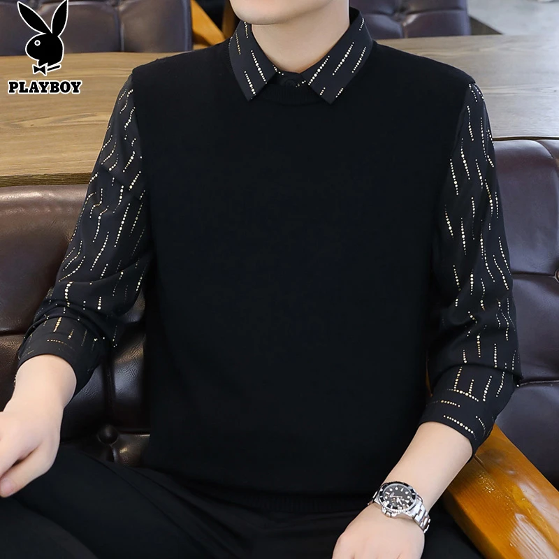 花花公子男士假两件毛衣秋季韩版百搭衬衫领打底毛线衣针织衫男款