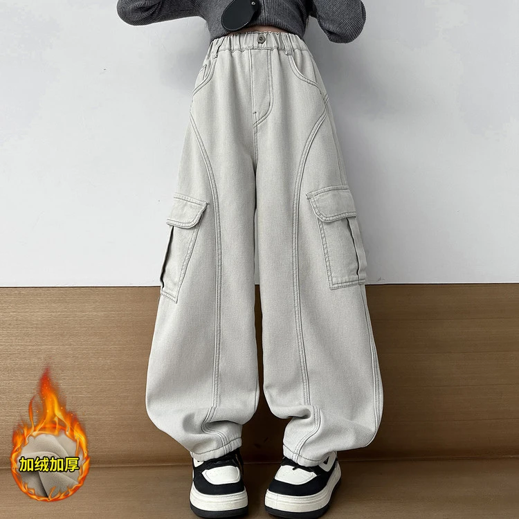 女童秋冬款韩版休闲加绒加厚工装裤女大童冬款裤子儿童冬装阔腿裤