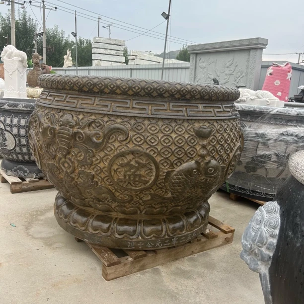 青石古石雕鱼缸花盆可养鱼养荷花适合户外庭院摆放仿古做旧聚宝盆