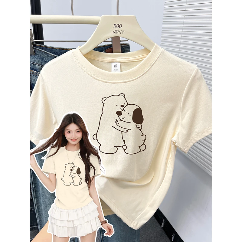 运补卡通猫咪慵懒休闲风正肩短袖t恤女百搭修身减龄高弹力棉上衣