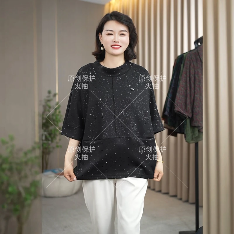 火袖F806时尚半高领T恤女早春新款宽松七分袖黑色烫钻亮片上衣