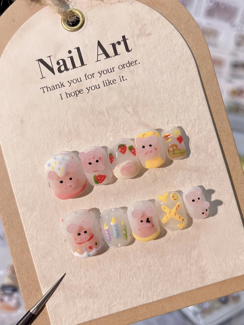 纯手工可爱穿戴式美甲小朋友彩色彩绘手工甲穿戴式穿戴甲秋冬