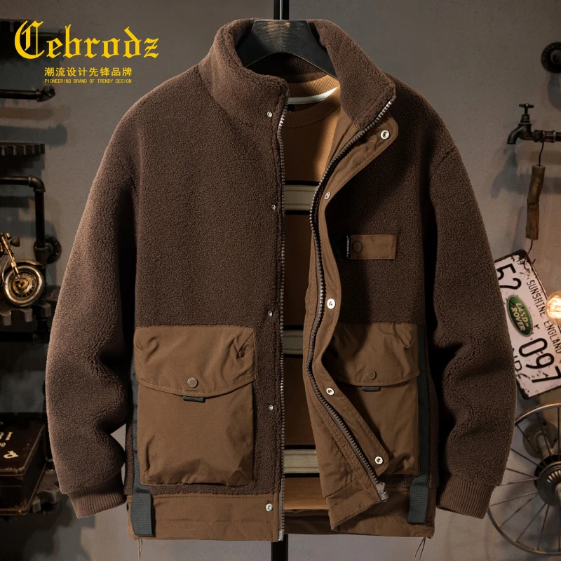 法国Cebrodz重磅羊羔绒外套男2025冬季保暖加厚立领夹克复古工装