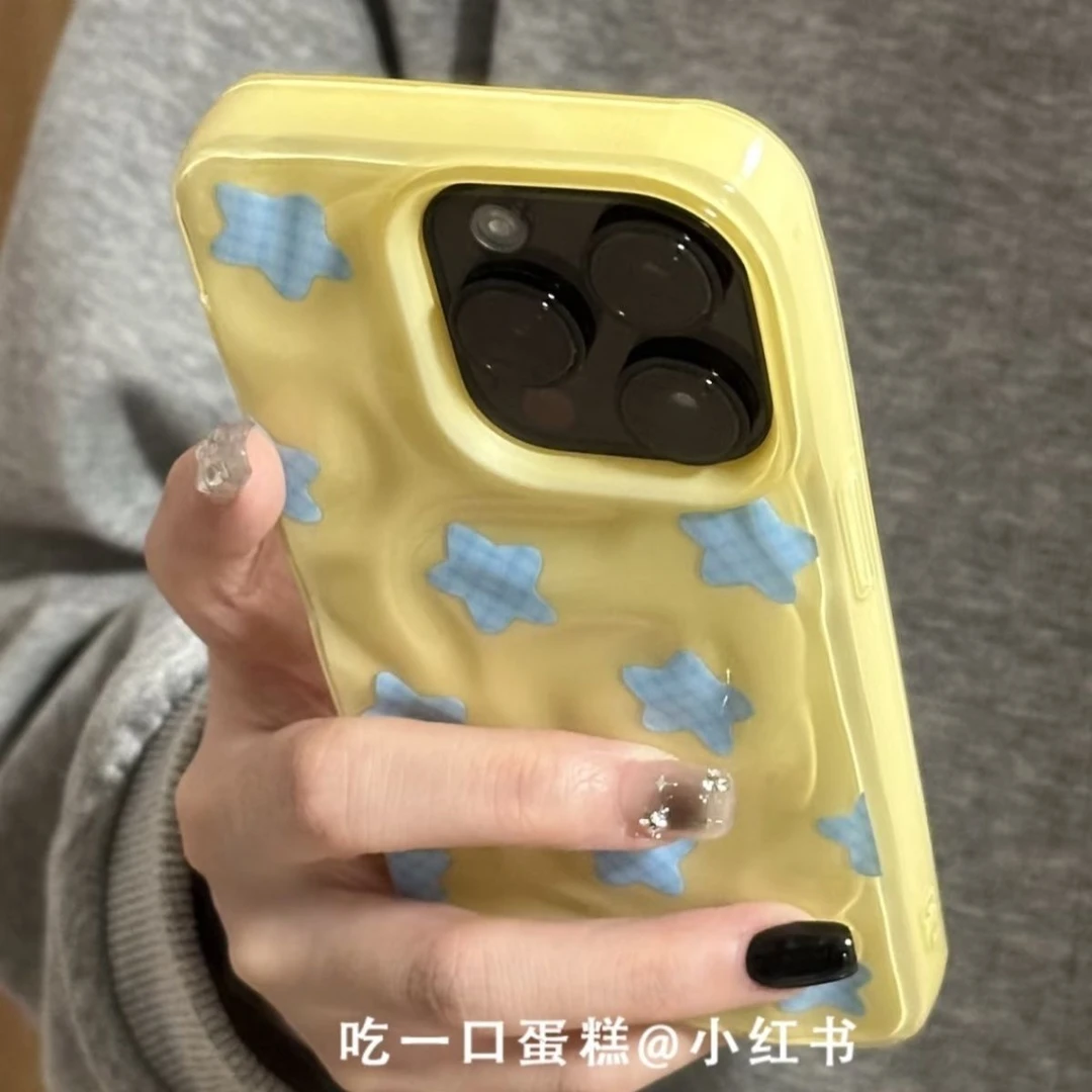 格纹蓝星星黄色凹凸苹果16promax手机壳iphone151413可爱卡通