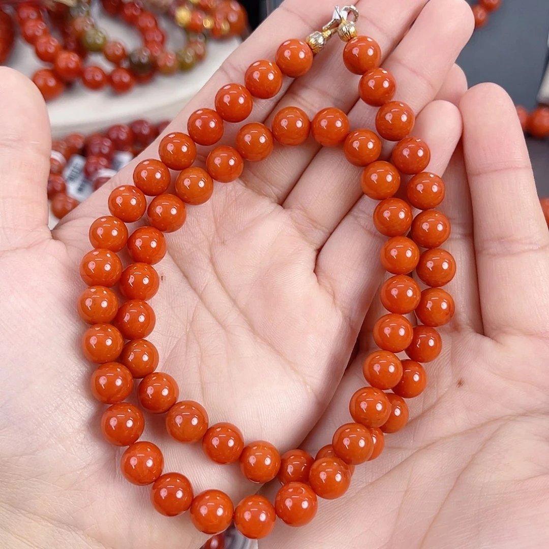 南红玛瑙银S925镶嵌瓦西高货柿子红满肉女神链8mm