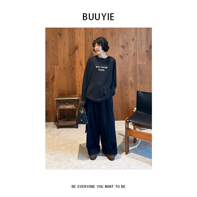 BUUYIE【素章】绵羊毛毛衣设计师款圆领长袖秋冬季女新款251321