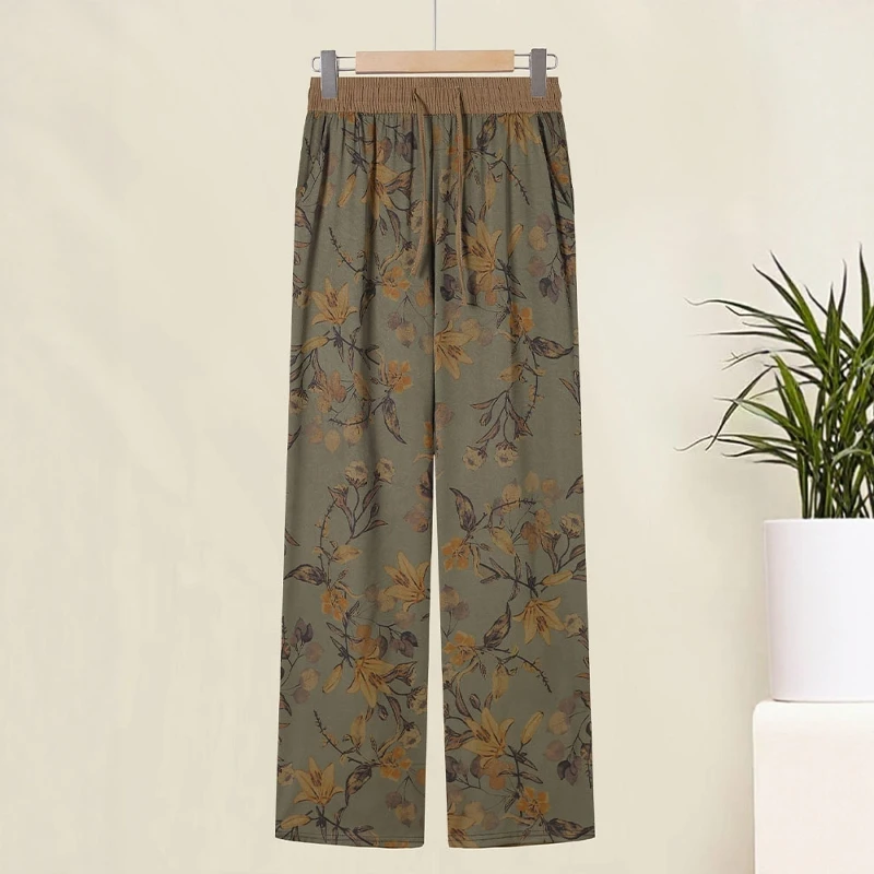 夏季薄款松紧腰缎面印花直筒裤中年妈妈洋气百搭显瘦透气休闲裤