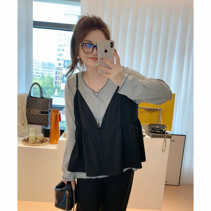 【胖佳佳】团宠私服 撞色长袖T恤打底衫背心两件套H624Z14539