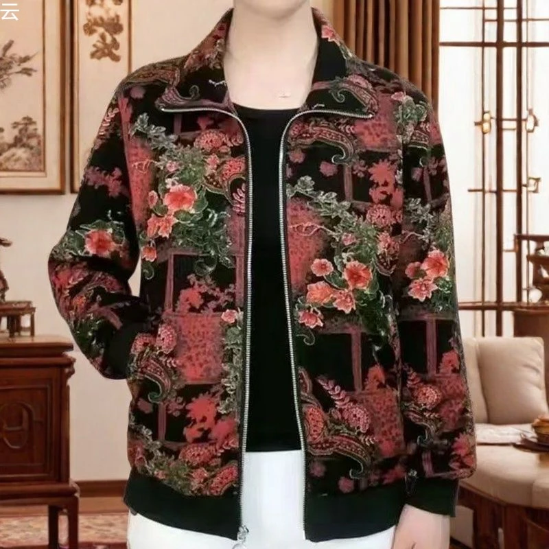 中年春秋妈妈新款外套拉链衫翻领中老年长袖上衣单层高档休闲新款
