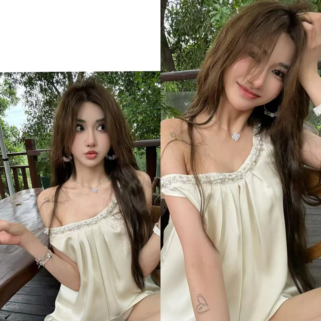 珍珠斜肩缎面无袖上衣