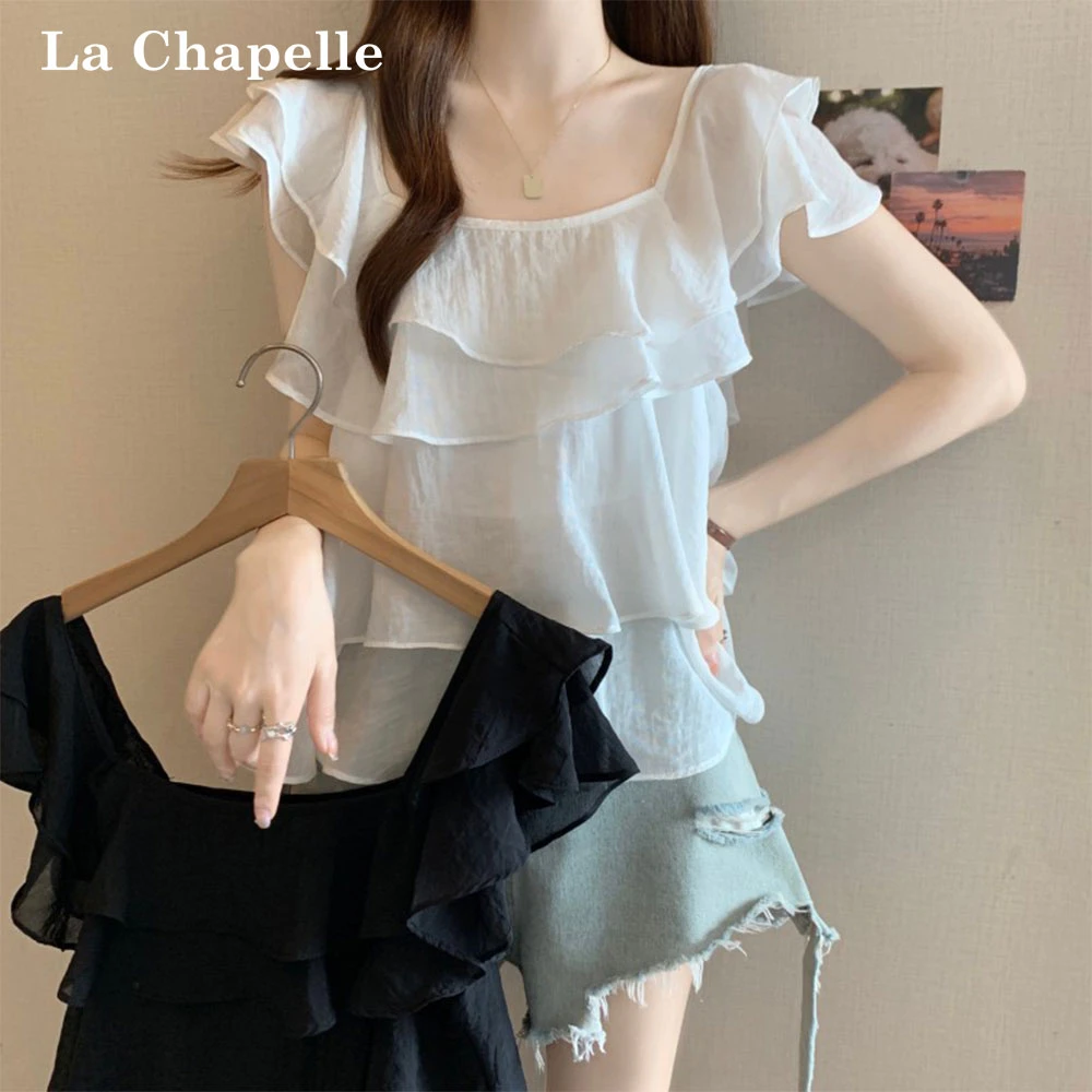 拉夏贝尔大码胖MM新款方领花边袖设计层次感花边短袖雪纺上衣女夏