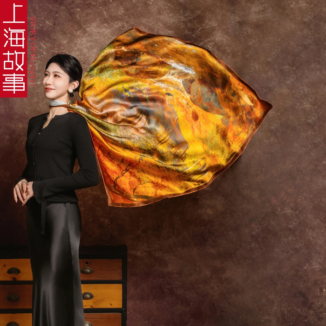 上海故事女士气质丝巾金色峡谷2025新款方巾100%桑蚕丝送妈妈礼物